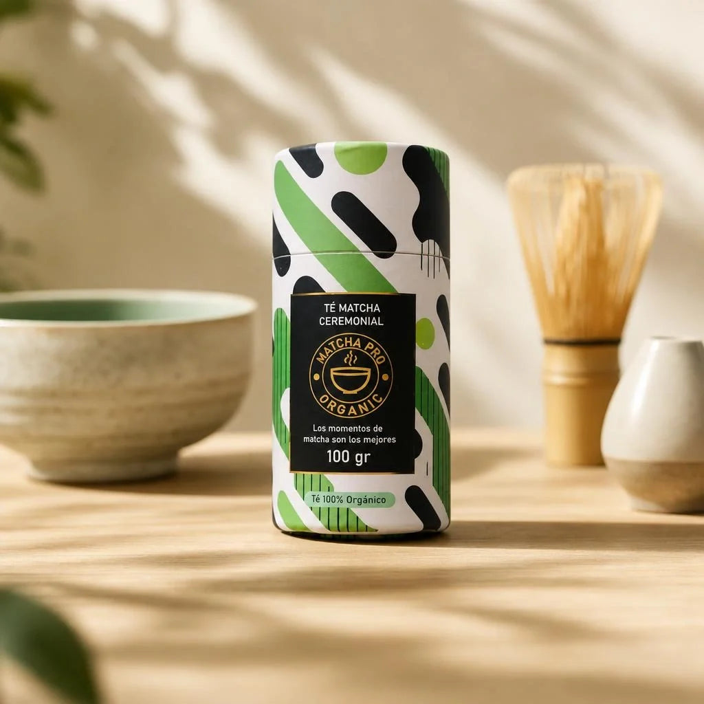 Té matcha ceremonial japonés MatchaPro junto a un chawan, un chasen de bambú y su sostenedor