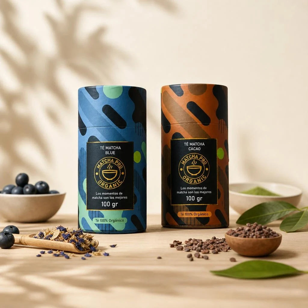 Botes de té matcha de sabores MatchaPro Blue y Cacao junto a arándanos, granos de cacao y un cuenco de matcha