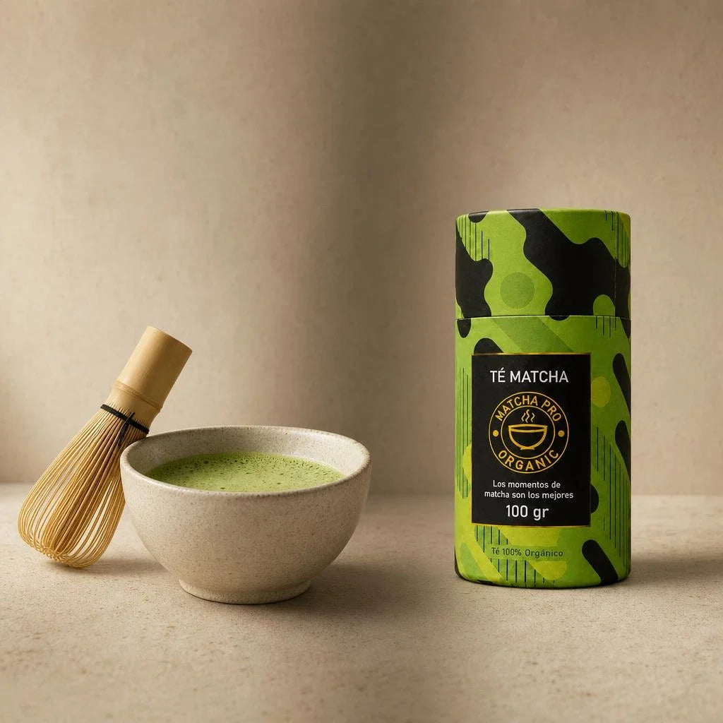 Bote de té matcha japonés orgánico MatchaPro de 100 g junto a un cuenco de matcha batido y un chasen de bambú
