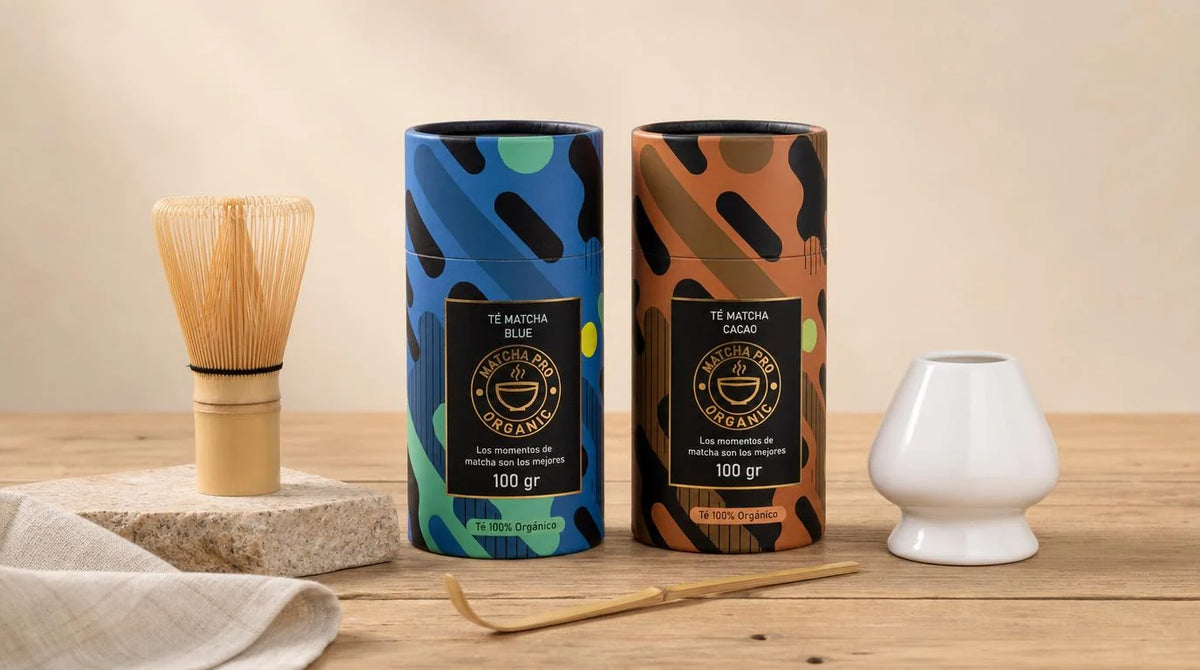 Botes de té matcha Blue y Cacao de MatchaPro de 100 g junto a un chasen de bambú, un sostenedor de cerámica y un chashaku sobre una mesa de madera