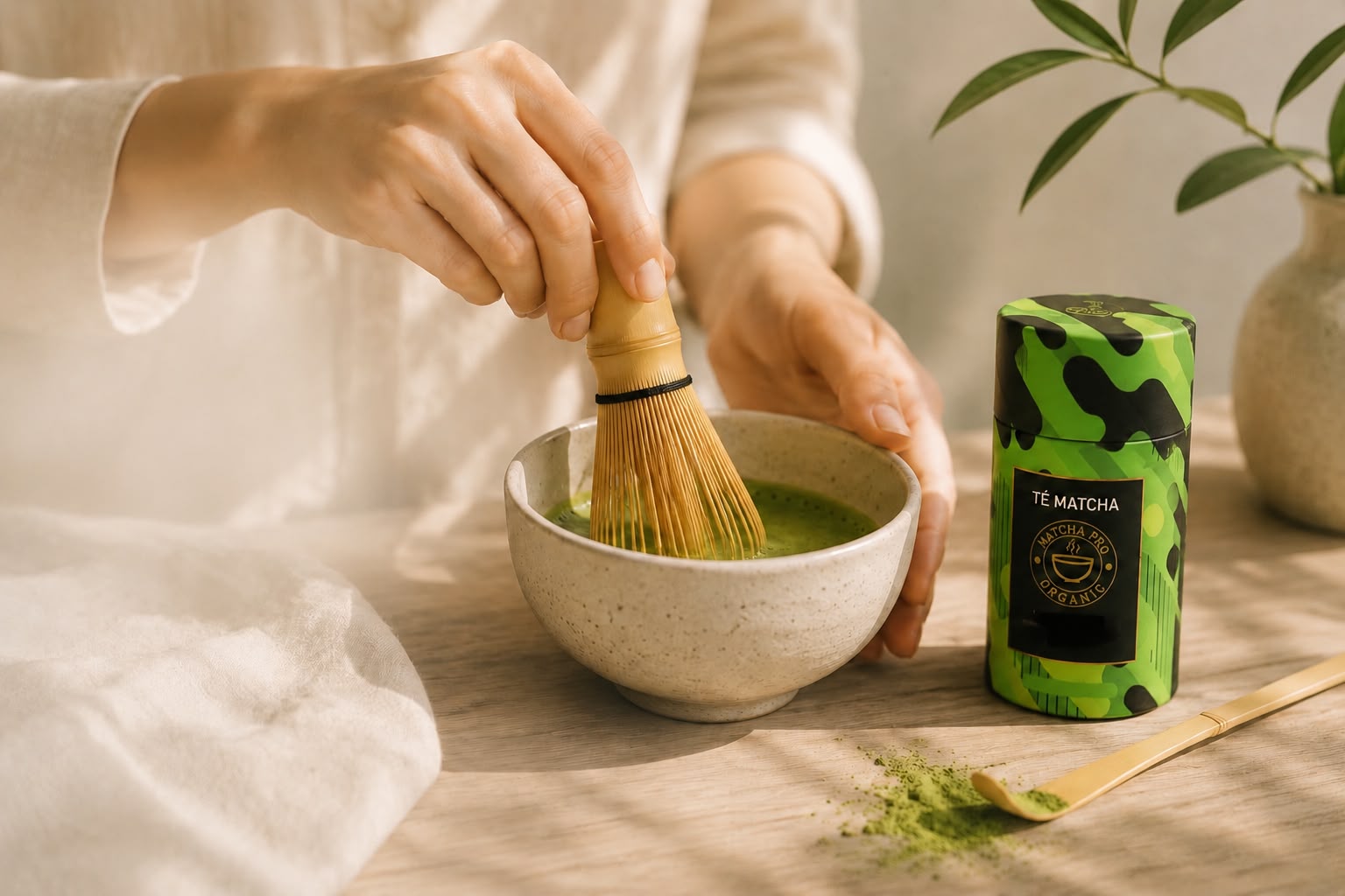 Manos batiendo té matcha en un chawan de cerámica junto a lata MatchaPro
